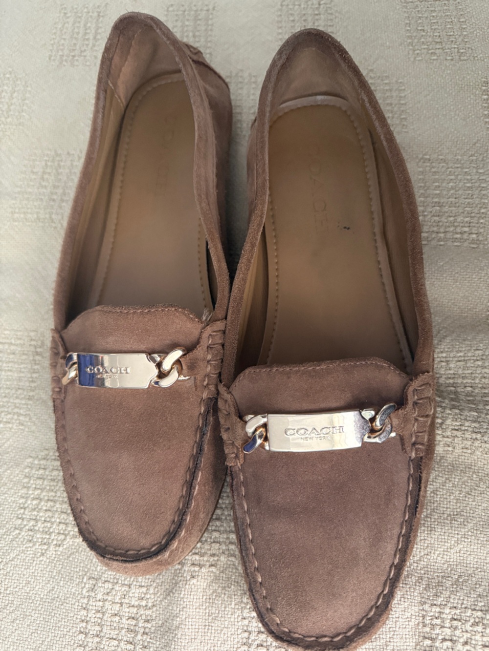 Coach Brown Suede Loafers with Silver Plaque